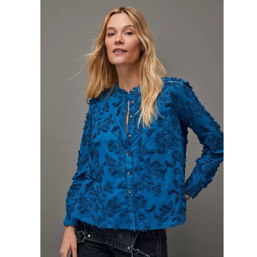 Anthropologie PILCRO Whitney Textured Trapeze Button Down Blouse Peacock Blue S